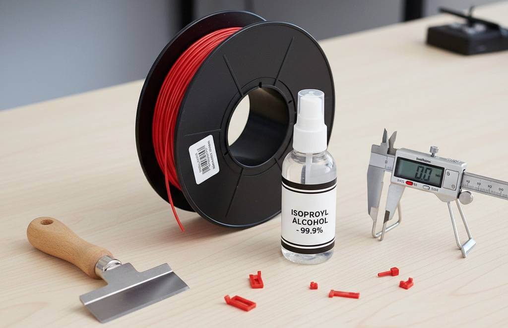 A flat-lay photo of essential 3D printing accessories, AI generated.