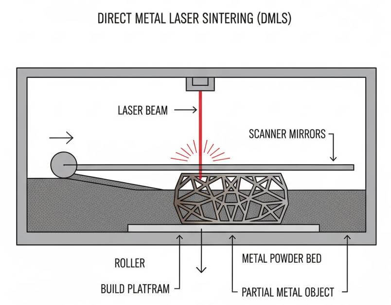 An infographic diagram of the DMLS metal 3D printing process, AI generated.