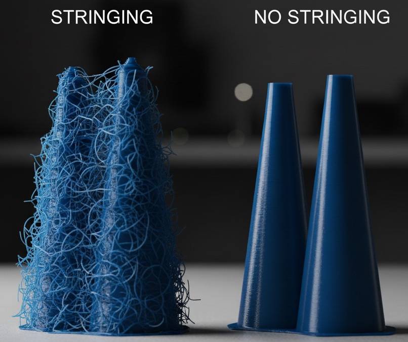 A side-by-side comparison of a stringy 3D print versus a clean 3D print, AI generated.